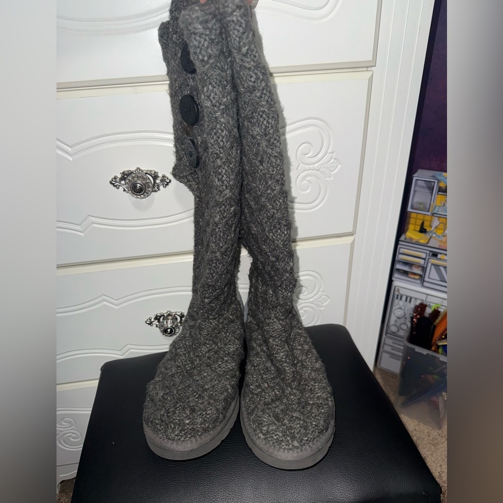 UGG Gray Knit Tall Button-Accent Boots